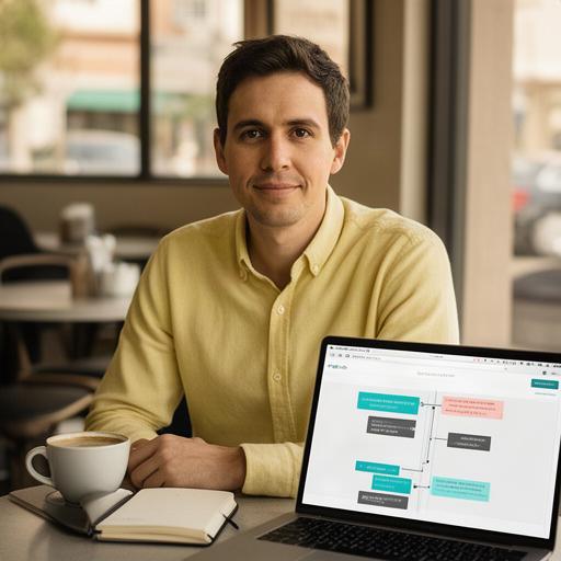 The AI creator behind the blog sitting at a cafe in downtown Redlands California with a laptop open showing a timeline-style blog post draft