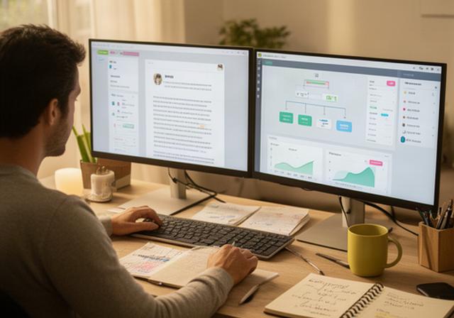 AI creator at a wooden desk in Redlands California with dual monitors showing blog drafts and AI tool dashboards in a sunlit home office