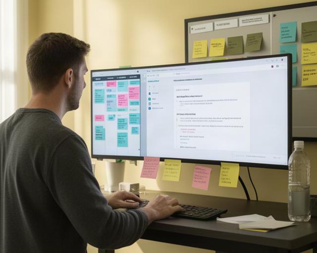 Solo founder at a standing desk with a Kanban board on the wall and AI-generated documentation visible on an ultra-wide monitor